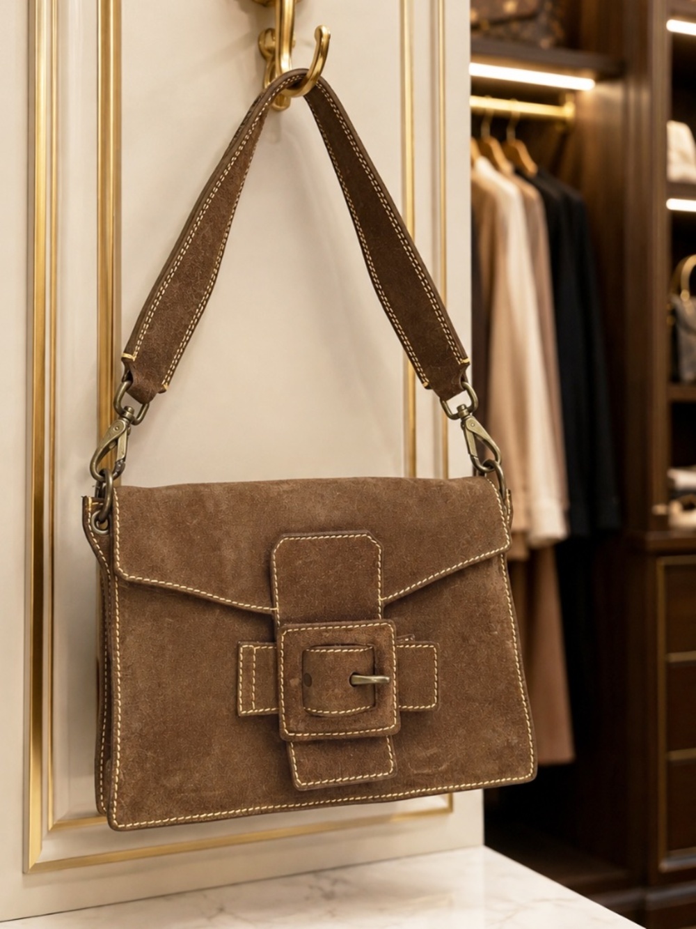 NWOT Vintage Miu Miu Brown Suede Buckle Shoulder Bag Y2K